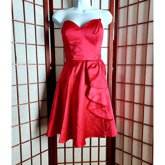 Blondie Nights Bow Ruffle Strapless Satin Fit-and-Flare Dress - Red - Picture 11 of 16